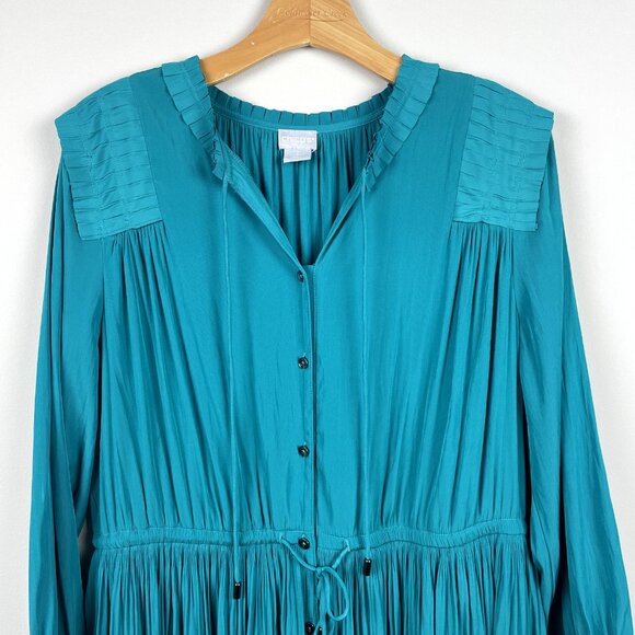 Chicos 2 Midi Dress 12 Teal Green Crinkle Pleated 3/4 Sleeve Button Up Tie Waist - Picture 4 of 16